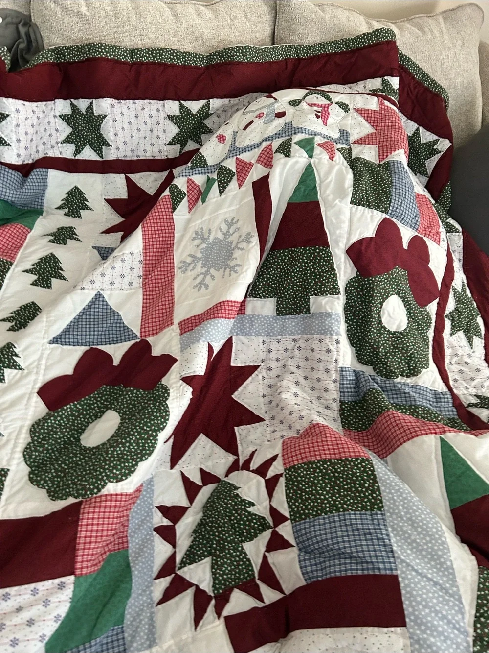 Quilt, Christmas Queen Snowman Patchwork Quilt With 2 Pillow Shams Vtg